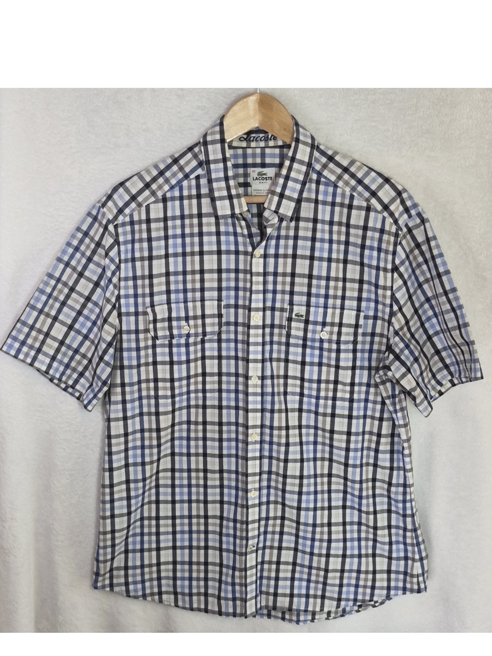 Lacoste Men’s Slim Fit Plaid Short-Sleeve Button-Up Shirt Sz 42 M/L